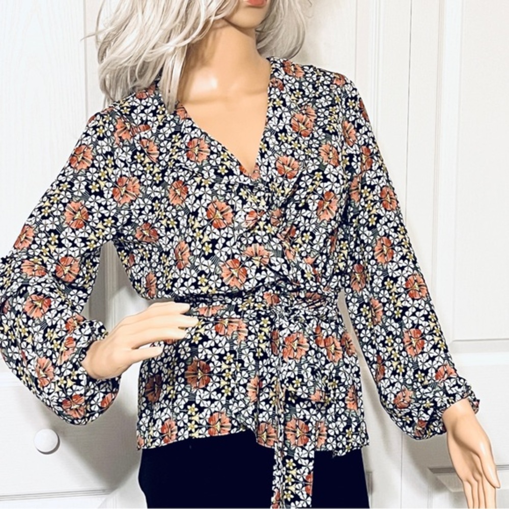 MAX STUDIO Floral Black Green Coral Blouse XS NEW